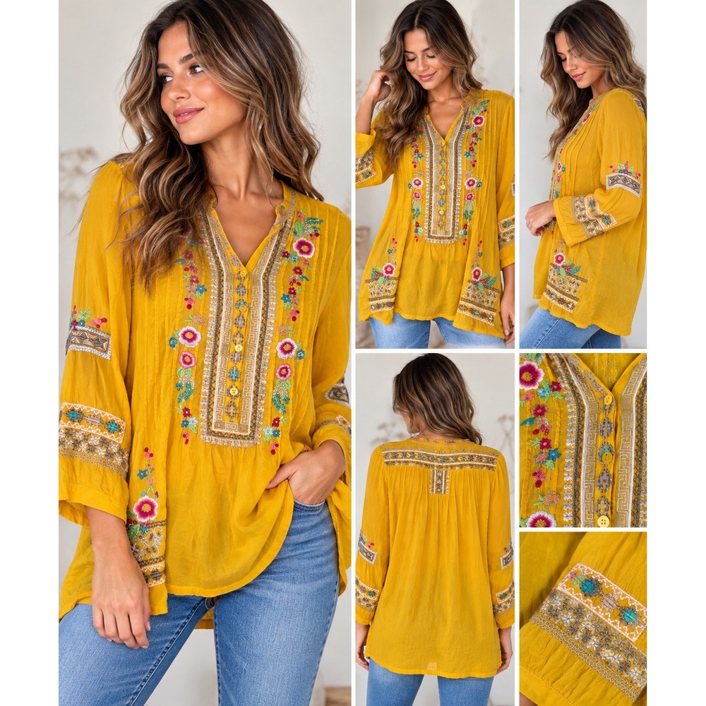 Johnny Was Tunic Top Yellow Floral Embroidered Cupra Rayon Boho Size M FLAWS